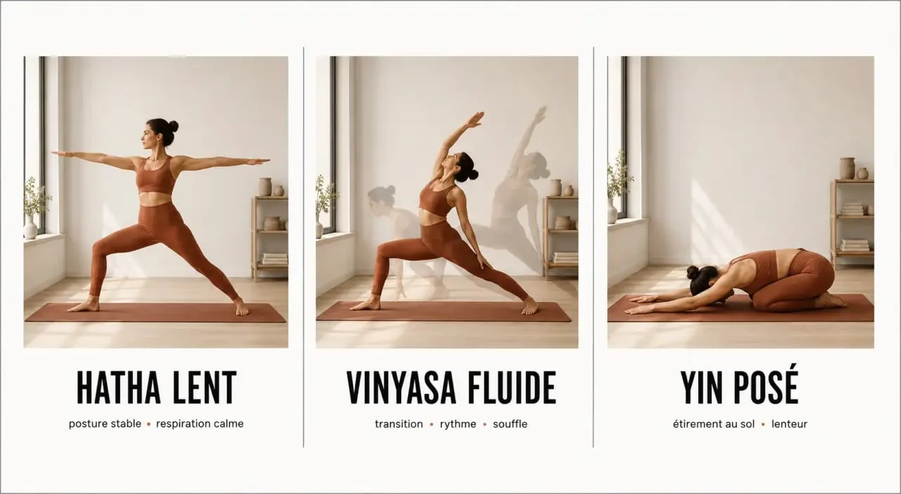 Yoga en casa : comparaison visuelle des styles Hatha, Vinyasa et Yin