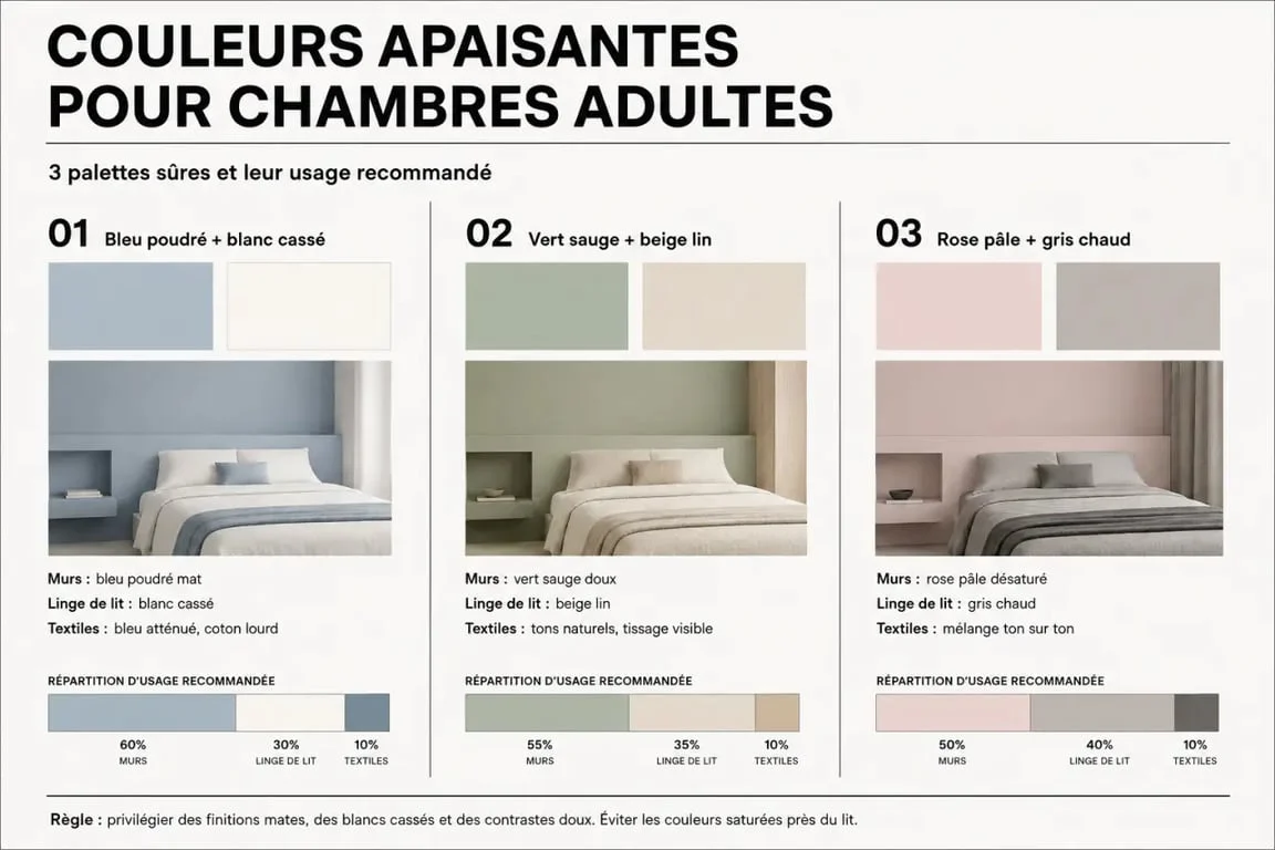 Antiestrés colores relajantes para dormitorios de adultos en una composición comparativa con paletas suaves para paredes, ropa de cama y decoración