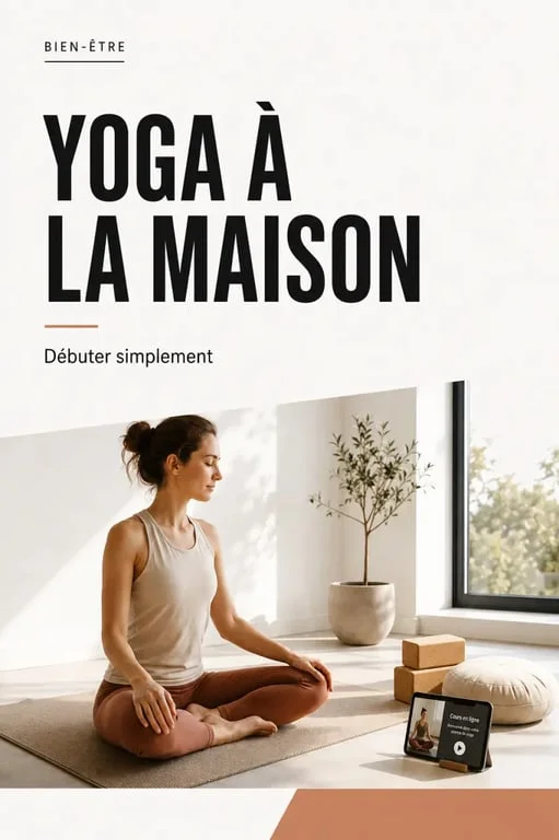 Yoga en casa : débutant sur tapis dans un salon avec blocs et coussin