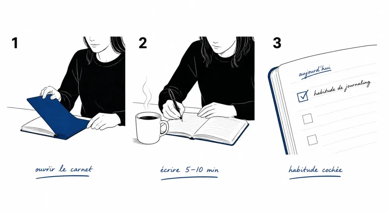 Rutina de journaling con cuaderno, bolígrafo y pequeños prompts para empezar