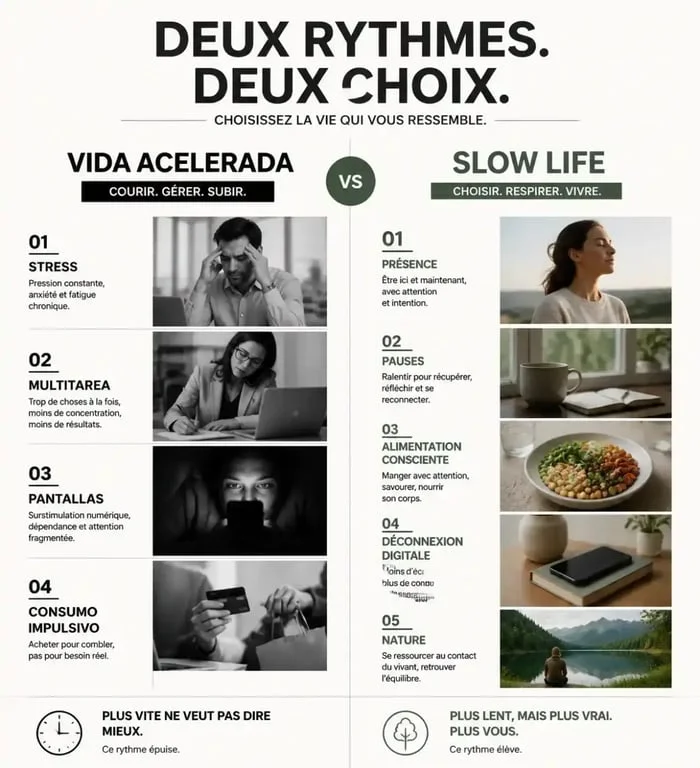 comparatif slow life entre vie accélérée et vie plus pausée